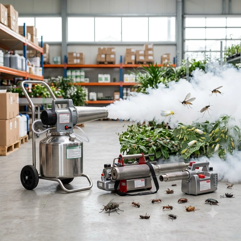"Professional stainless steel insecticide thermal fogging machines producing a thick white fog in an industrial warehouse setting."